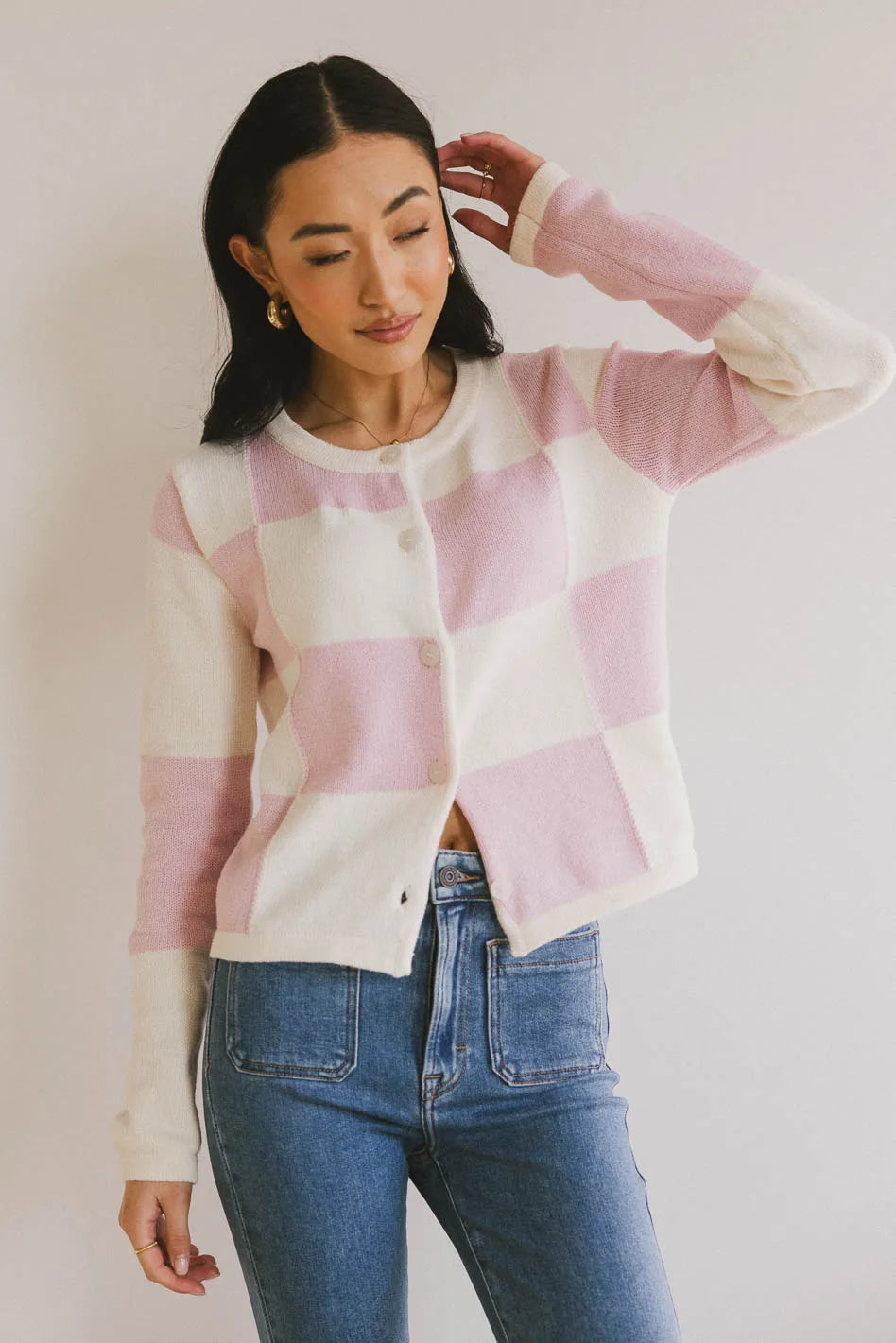 Sia Checkered Cardigan in Pink Elegant Women's Formal 