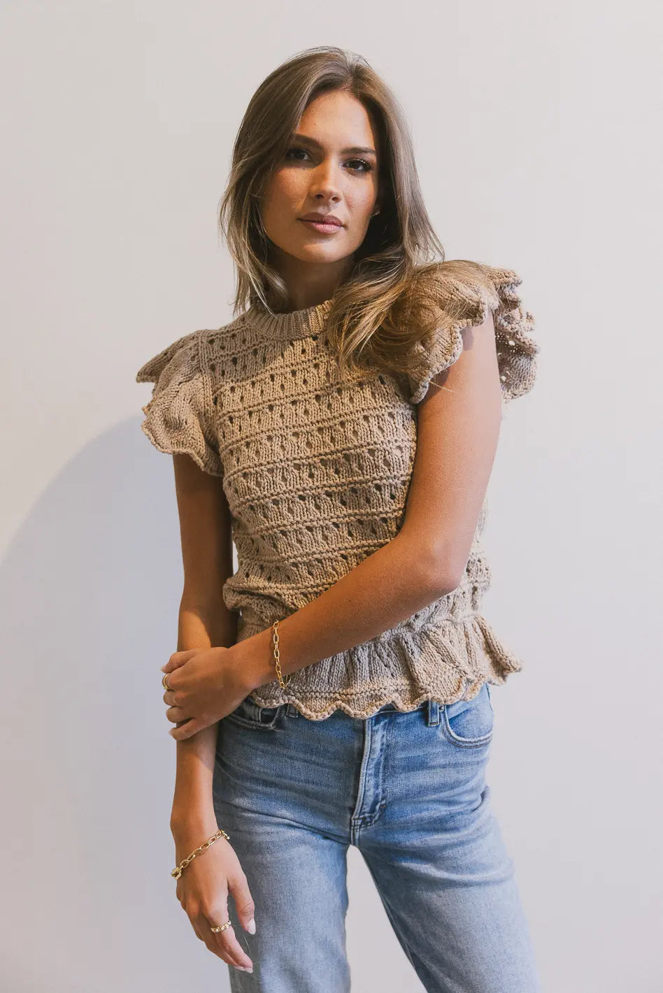 Shelly Ruffle Sweater in Natural British Gentlewoman Style