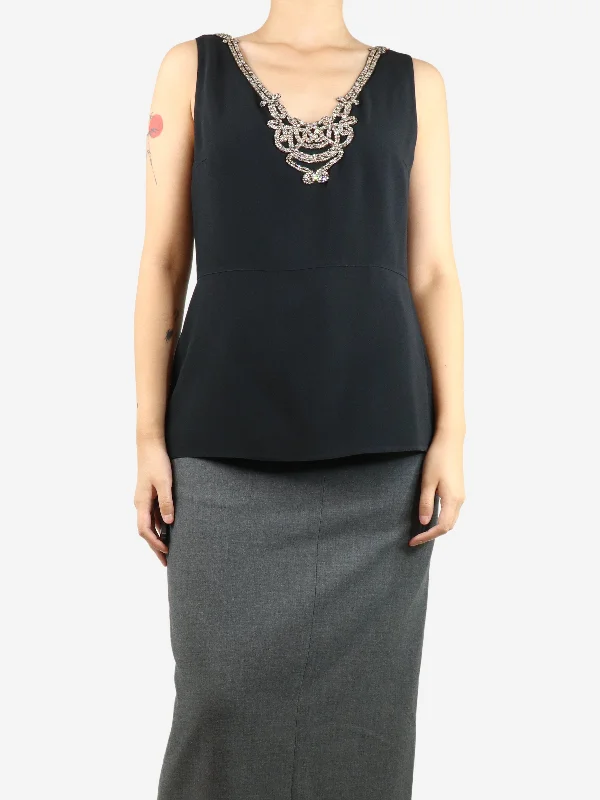 Black sleeveless bejewelled top - size UK 12 Monochromatic All - in - one