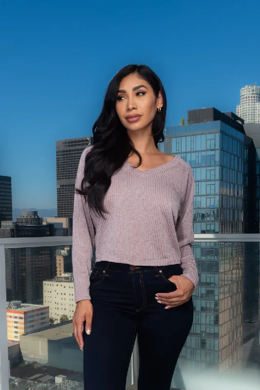 V-Neck Long Sleeve Rib Knit Top (T17324) Classic Women's Tweed