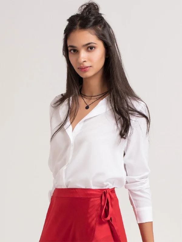 White Button Down Shirt Dapper Women's Bow - adorned