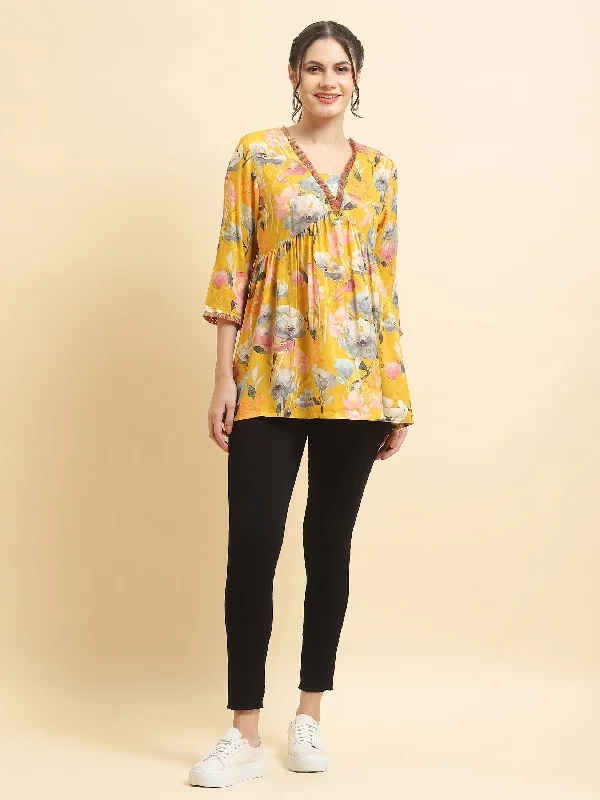 Women Liva Rayon Yellow Floral Print Tunic Athletic Women's High - 