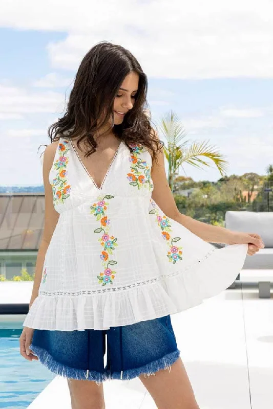 Deanna Top White Embroidered Feminine Women's Soft 
