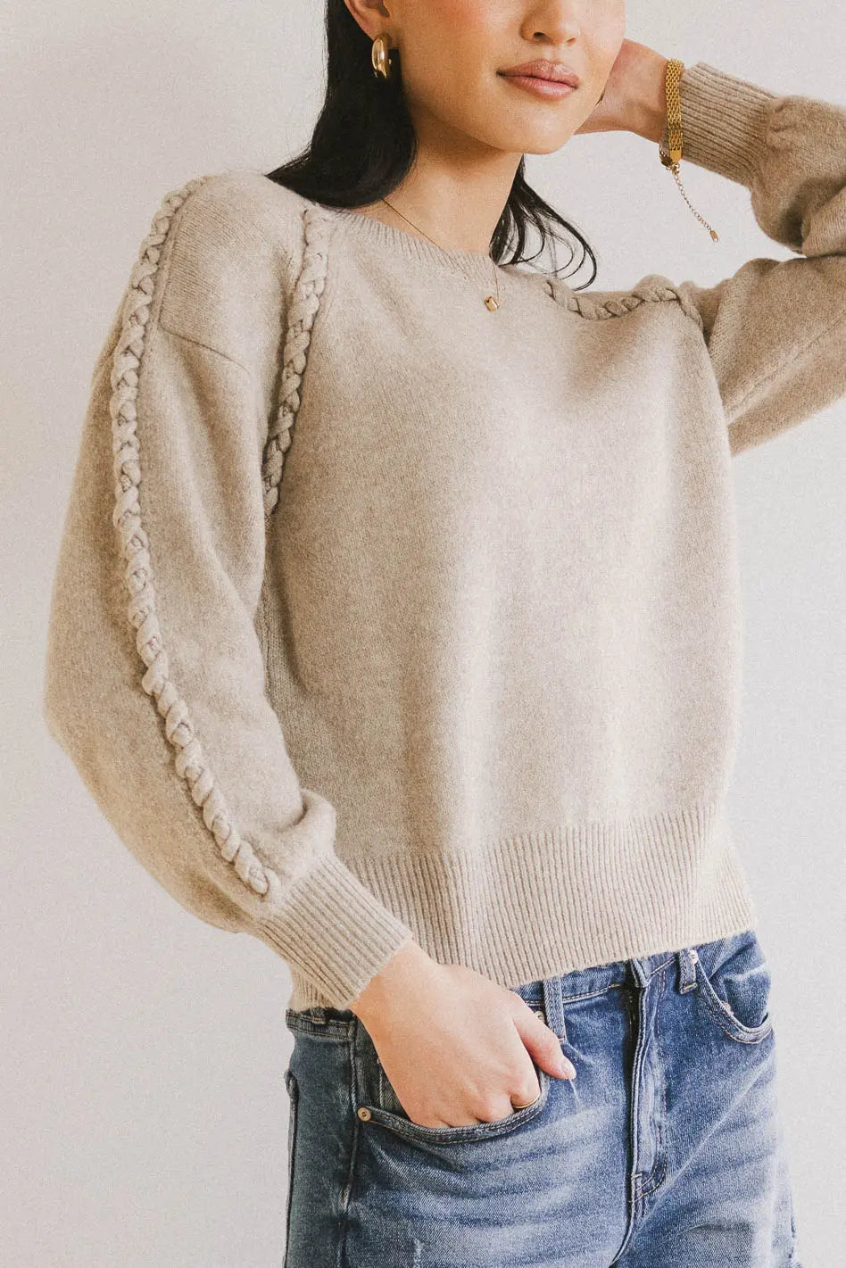 Leony Braided Sweater in Oatmeal Refined Women's 