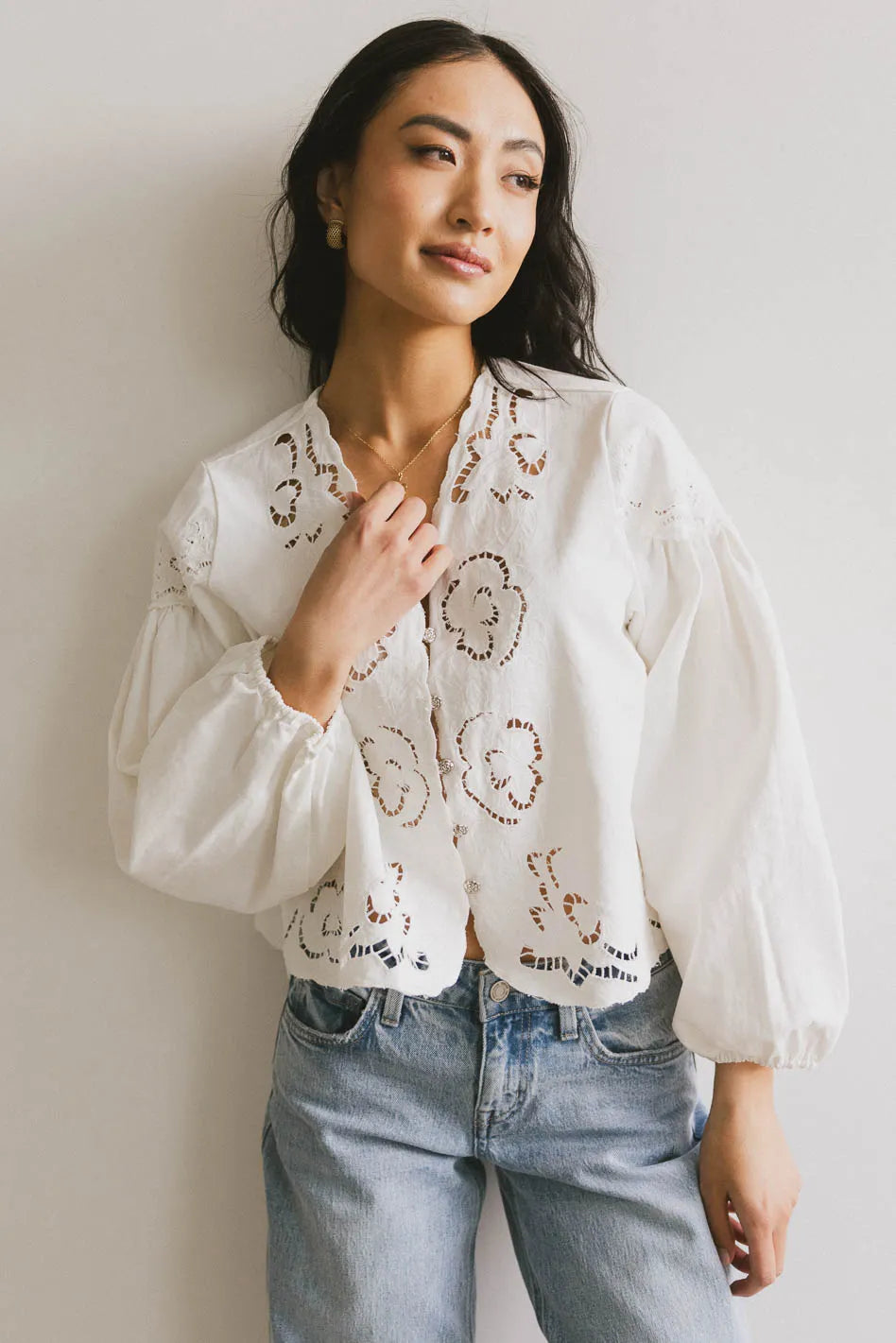 Violet Embroidered Blouse in White Polished Women's Silk