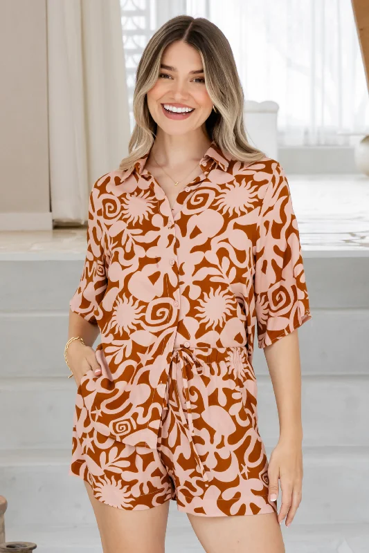 Tenielle Shirt Solstice Print Choc/Tan Traditional Women's 