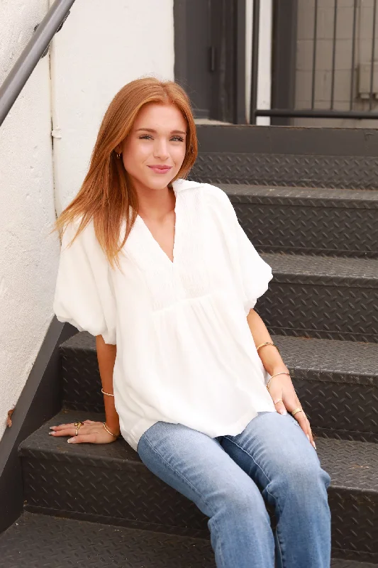 Smocked Yoke Puff Sleeve Top Monochromatic All - in - one