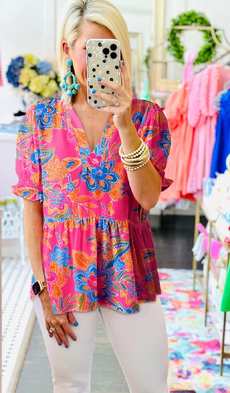 Cabana Pink Floral Abstract Puff Sleeve Top Athletic Women's High - 