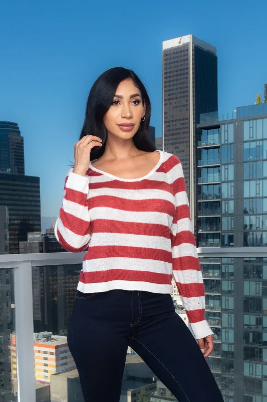 Light Knit Lons Sleeve Crew Neck Striped Top In Rust (117482) Confident Women's Power