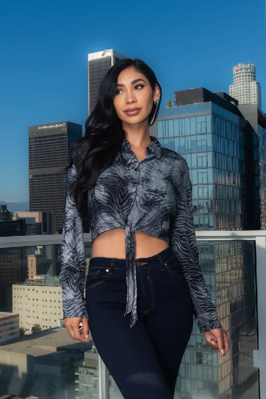 Animal Print Tie Dye Long Sleeve Button Down Crop Top (VIT8762) Confident Women's High - fashion