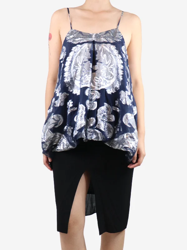 Dark blue and silver lurex cami top - size UK 8 Classic Women's Tweed