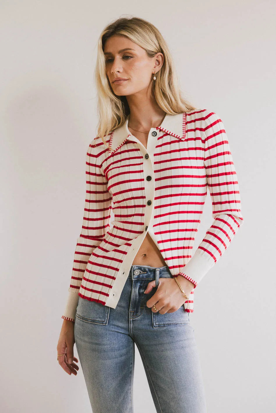Harrison Striped Collared Top in Red Tough Women's Military - inspired