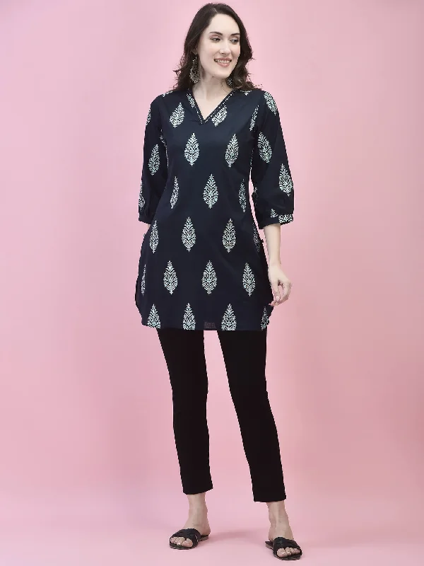 Women Cotton Navy Blue Tropical Print Tunic Unique Women's Upcycled
