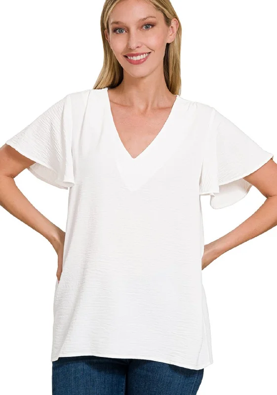 Flutter Sleeve V Neck Top Ivory Sharp Women's Italian