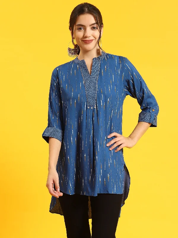 Women Blue Printed Tunic Artistic Women's Hand - painted