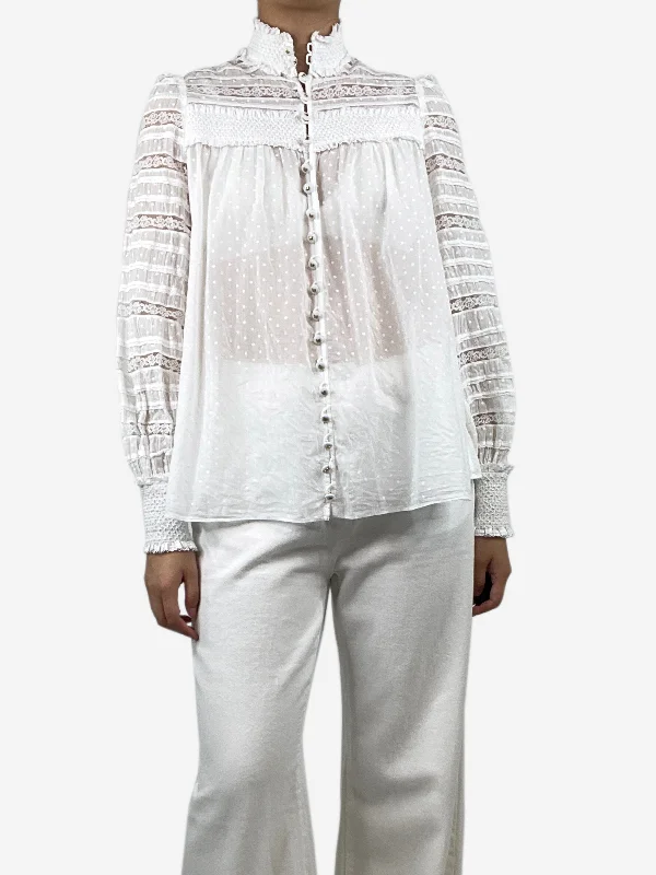 White ruffled tonal polka-dot blouse - size UK 10 Relaxed Women's Beachy
