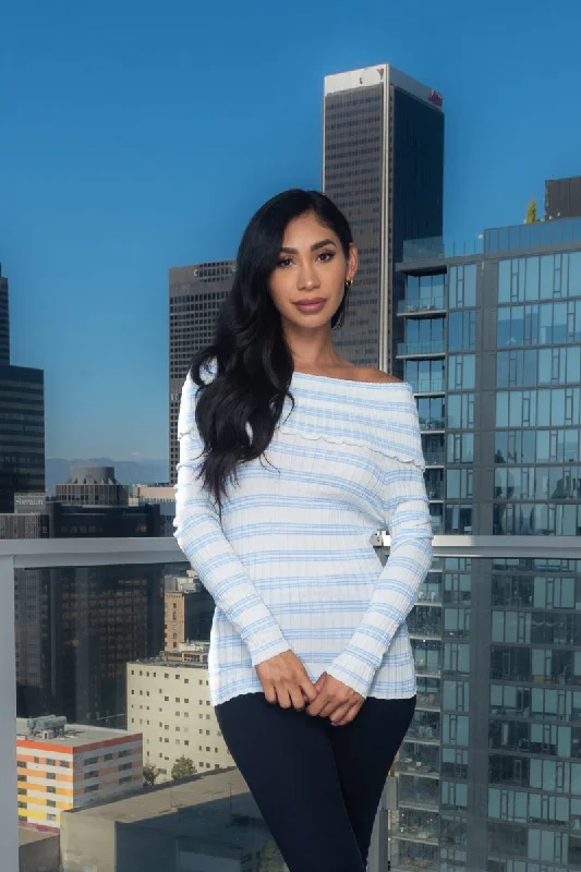 Rib Knit Long Sleeve Open Shoulders Striped Top (167084) Stylish Women's Tropical 