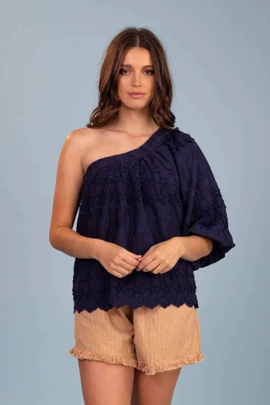 Fern One Sided Embroidered Top Navy Stylish Women's Tropical 