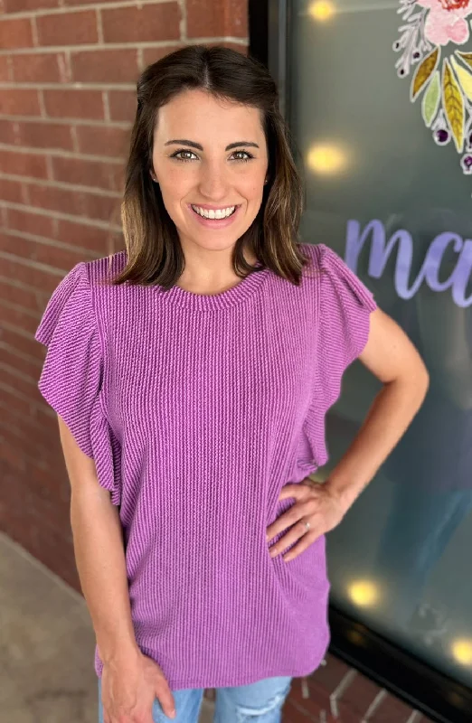 Flirty Ribbed Knit Ruffle Top Purple Earthy Women's Hemp - based