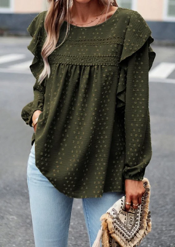Dark Green Swiss Dot Ruffle Shoulder Top Practical Women's Multi - 