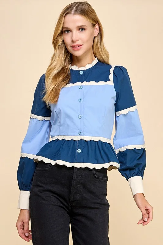 Scalloped Color Block Top Cozy Women's Sherpa - lined