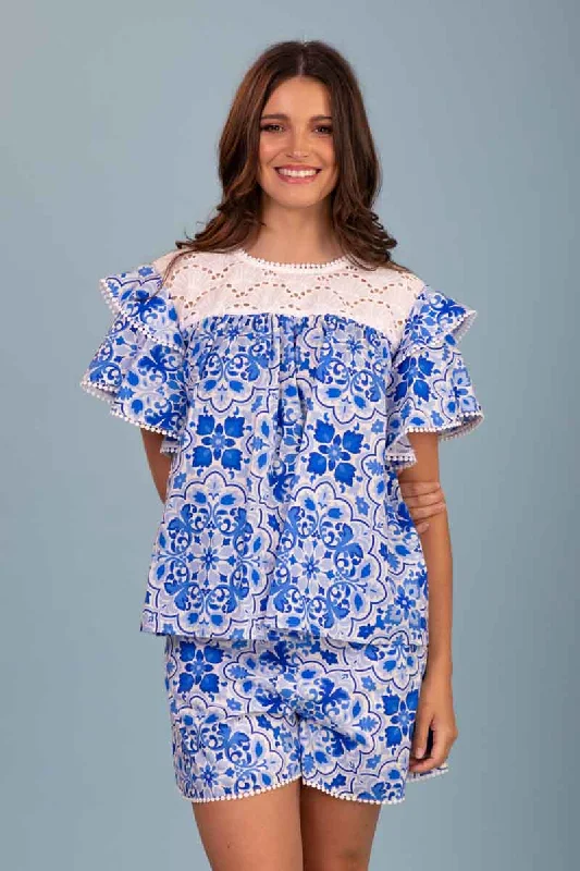 Jina Top Blue Tiles Sophisticated Women's Tailored