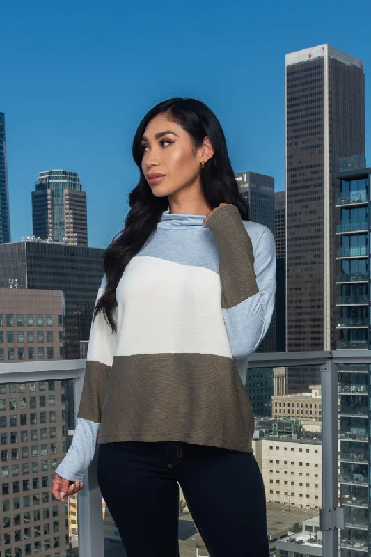 Tri-Color Asymmetrical Fabric Cowl Neck Long Sleeve Top (CET200752-CT) Dapper Women's Bow - adorned