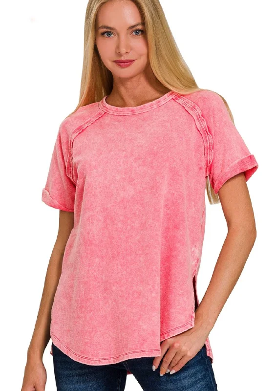 Acid Wash Cuff Sleeve Tee Fuchsia Feminine Women's Style 