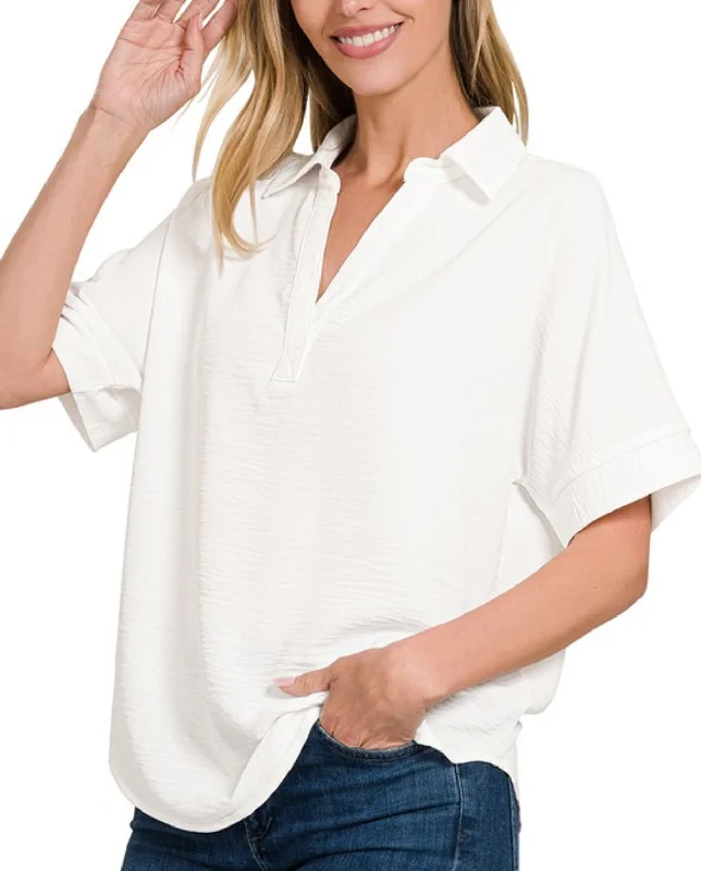 Willow Airflow Collared V Neck Top Off White Casual Women's Loose - fitting