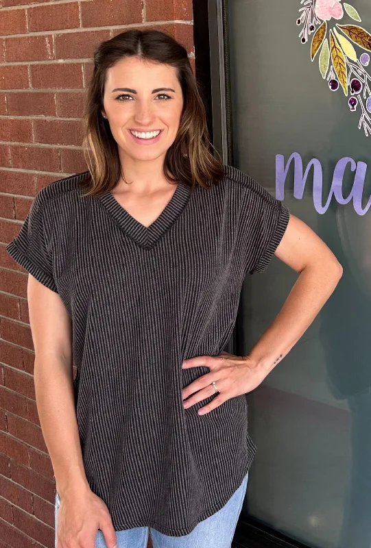 Ribbed V Neck Top Charcoal French