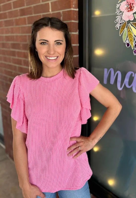 Flirty Ribbed Knit Ruffle Top Pink Rugged Women's Outdoor 