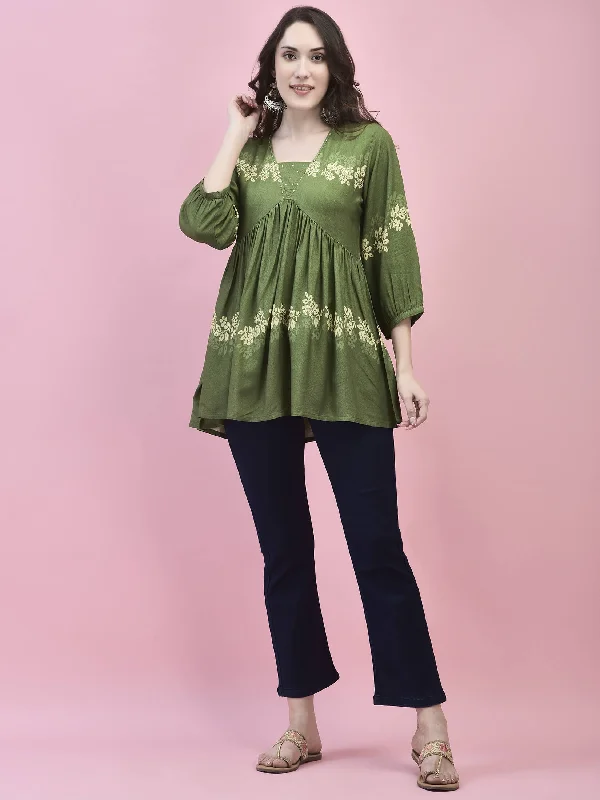 Women Liva Rayon Olive Floral Print Tunic Sporty Women's Tennis