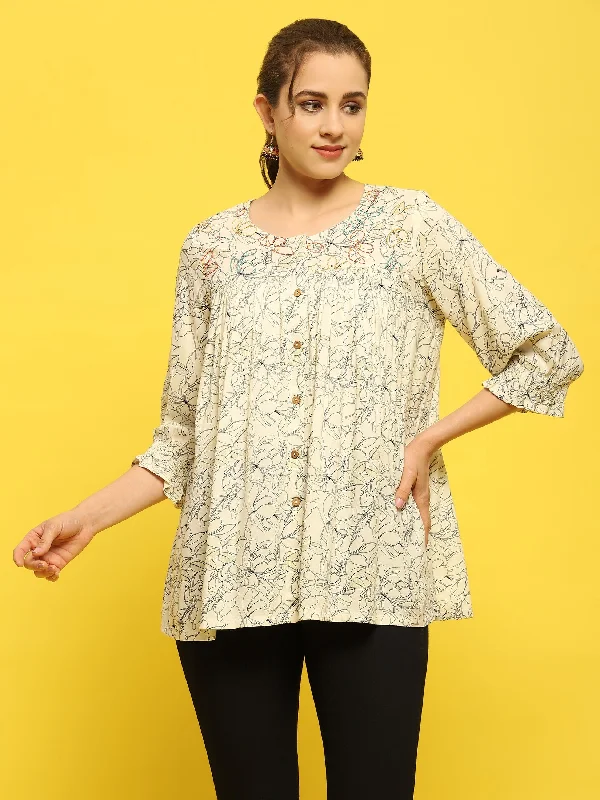 Women Liva Rayon Off White Floral Print Tunic Compression