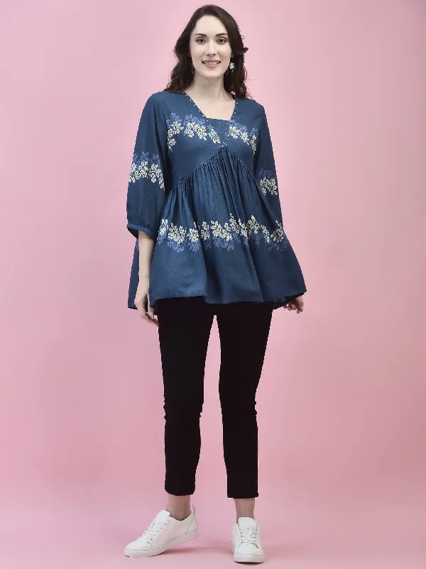 Women Liva Rayon Blue Floral Print Tunic Confident Women's High - fashion