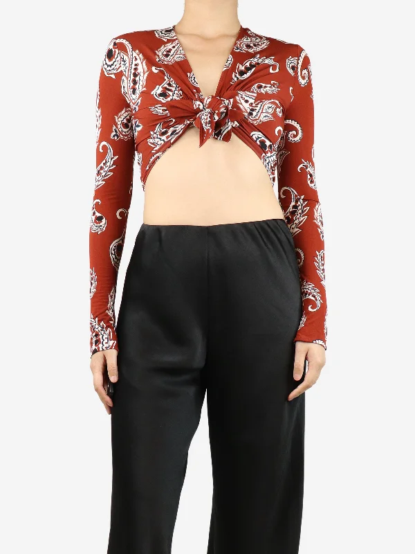 Red long-sleeved paisley crop-top - size UK 12 Practical Women's Multi - 