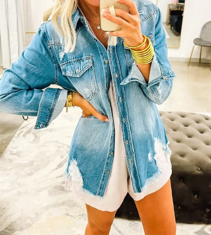RISEN Denim Distressed Button Down Shirt Medium Wash Youthful Women's Anime - inspired