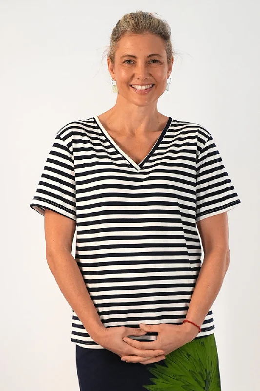 V Neck  Top Navy White Stripe Australian Beach