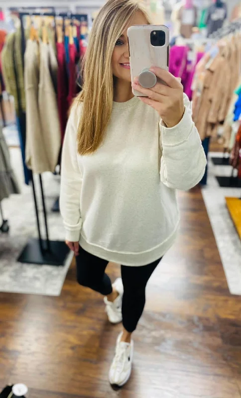 Weekend Fleece Casual Sweatshirt Oatmeal Beige Monochromatic Office Style