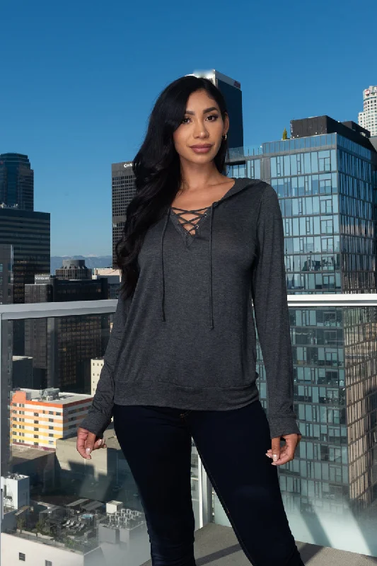 Long Sleeve Lace Up V-Neck Light Top W/Hoodie In Charcoal (BT2666) Sharp Women's Italian