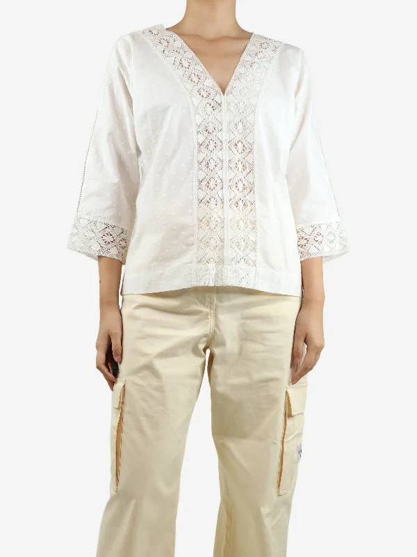 White lace-trimmed cotton blouse - size S Hip Women's Retro