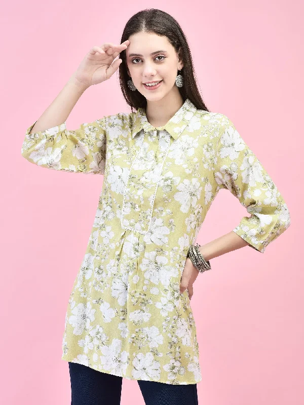 Women Liva (Rayon) Green Floral Print Tunic Contemporary 