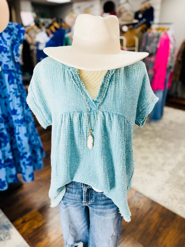 Leslie Washed Raw Hem Top Dusty Teal Disco