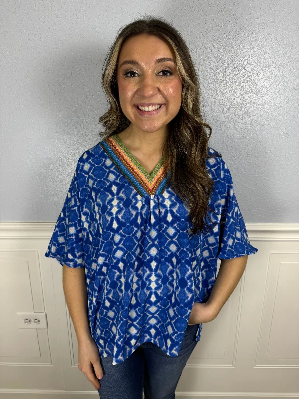Blue tie dye vneck top Trendy Women's Oversized