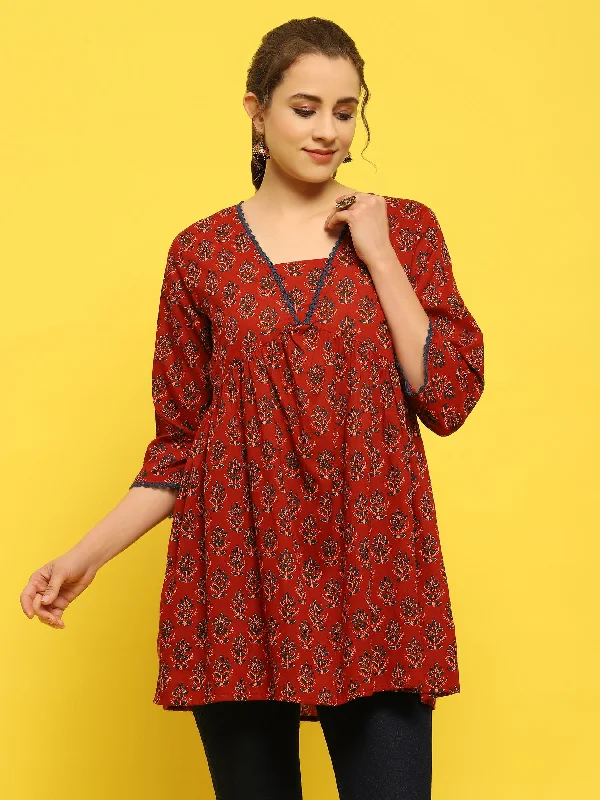 Women Cotton Maroon Floral Print Tunic Sleek Women's Metallic