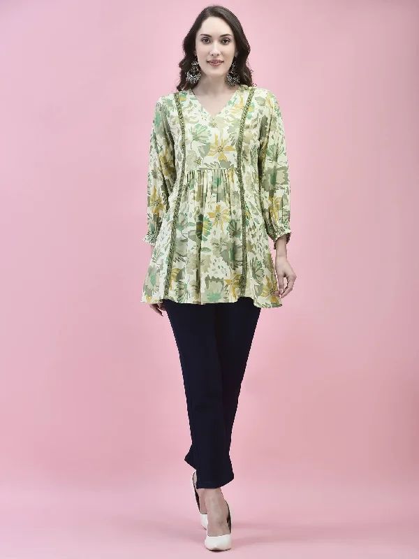 Women Liva Rayon Green Floral Print Tunic Cozy Women's Sherpa - lined