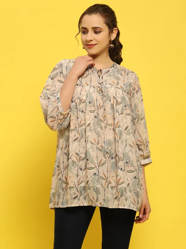Women Georgette Grey Tropical Print Tunic Sustainable Organic