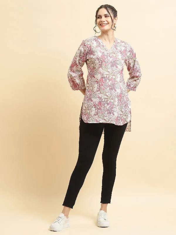 Women Cotton Mauve Tropical Print Tunic Feminine Women's Soft 