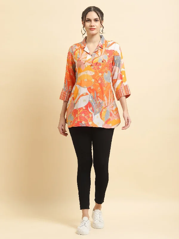 Women Liva Rayon Orange Abstract Print Tunic Tough Women's Military - inspired