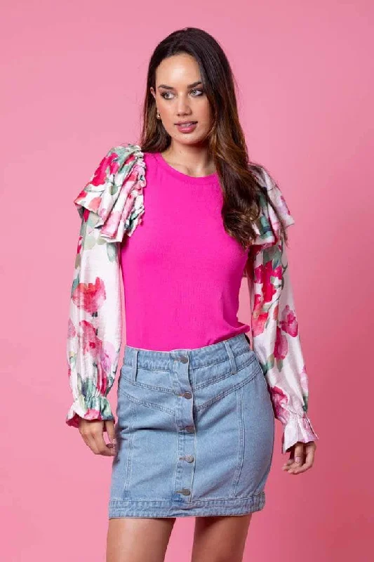 Abby Top Floral Sleeve Pink Traditional Women's Wool