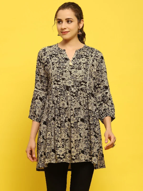 Women Liva Rayon Black Floral Print Tunic Sharp Women's Italian